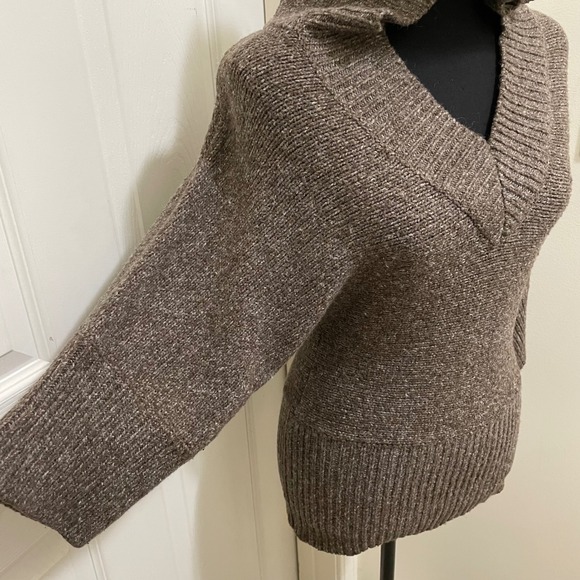 Anthropologie Kenji Hooded Knit Sweater 3/4 Dolman Sleeves V Neck Brown Small - Picture 2 of 9